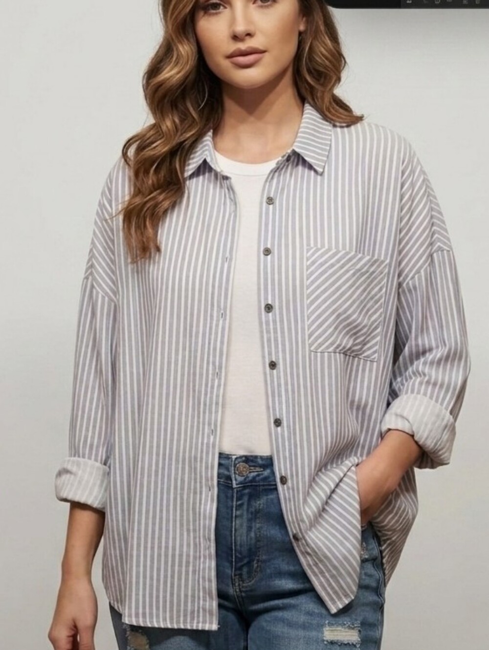 Hem & Thread Shirt Blue/White Long Sleeve Button Down Size Medium